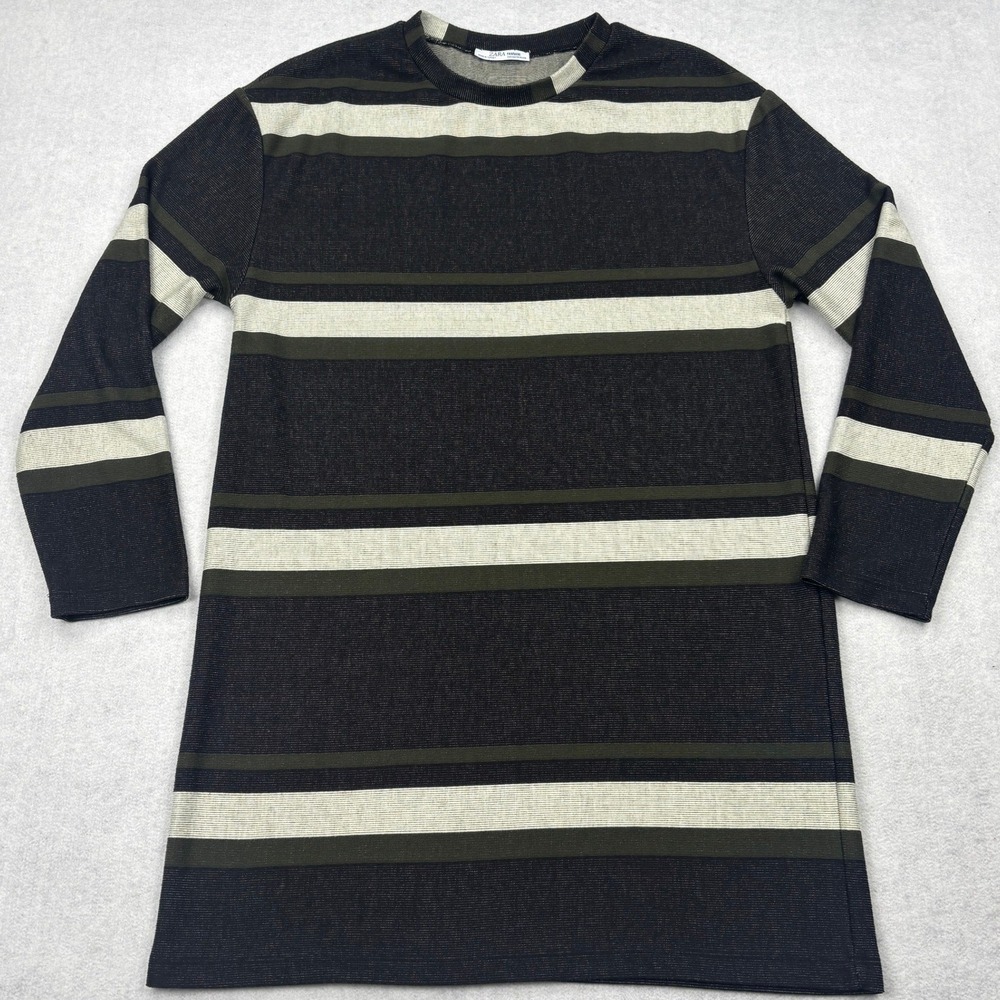 Zara Trafaluc Dress Womens Medium Black Green Striped Ribbed Knit Longline Tunic